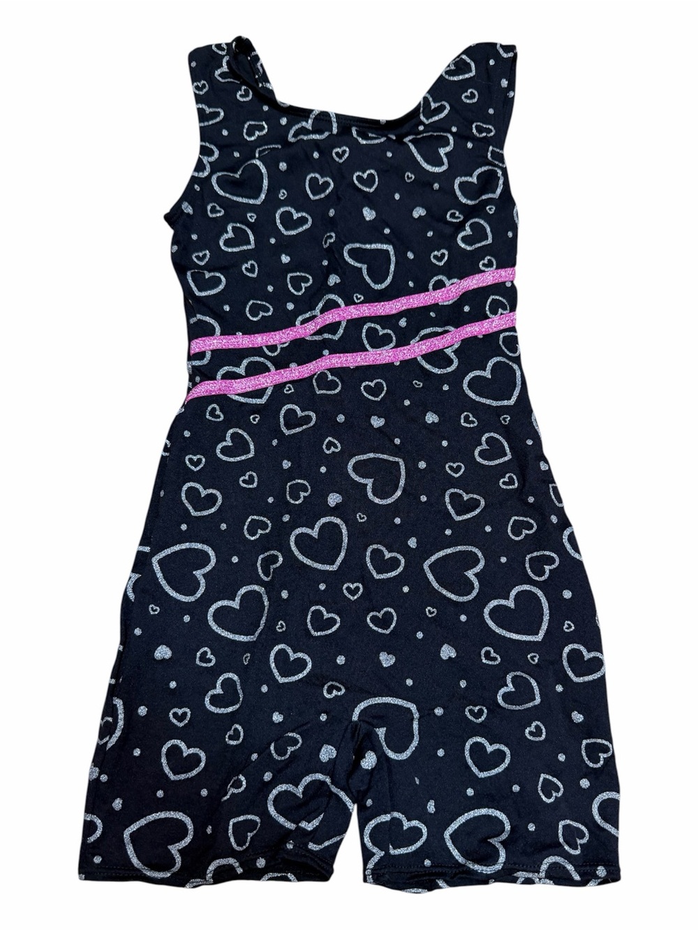 Jacques Moret Girls 12/14 Black Pink Heart Print Dance Leotard Gymnastics